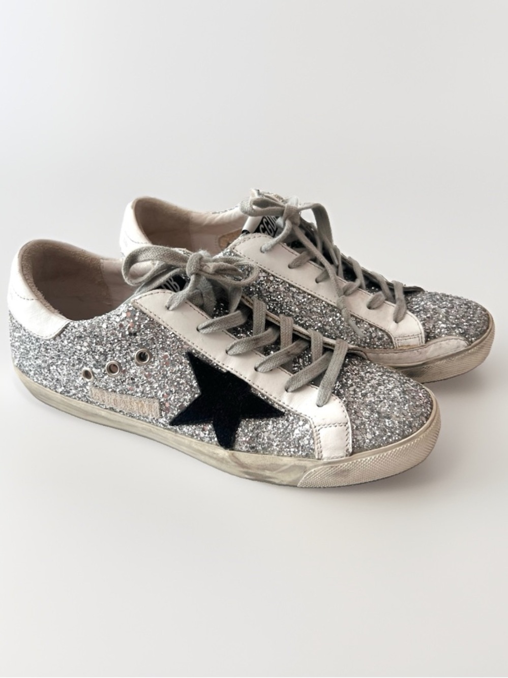 Golden Goose Super-Star Sneakers Silver Glitter Black Suede Star Sz EU 39 (US9)